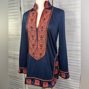 ELIZABETH MCKAY Embroidered Tunic Top Resort Wear Navy/Orange-8